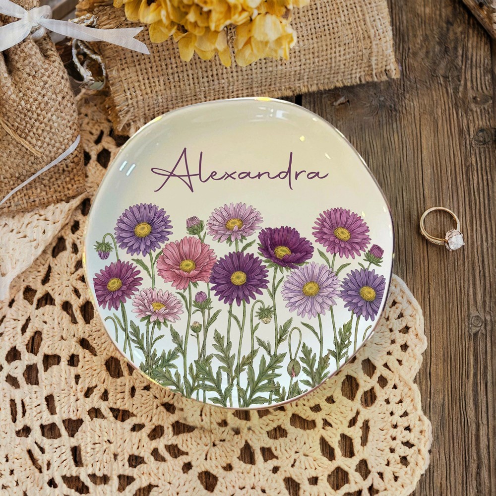 Personalized Birth Flower Jewelry Dish – Custom Watercolor Ring Tray for Birthdays & Bridesmaids