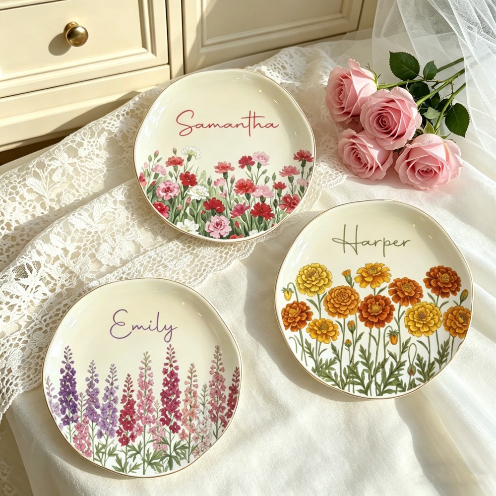 Personalized Birth Flower Jewelry Dish – Custom Watercolor Ring Tray for Birthdays & Bridesmaids