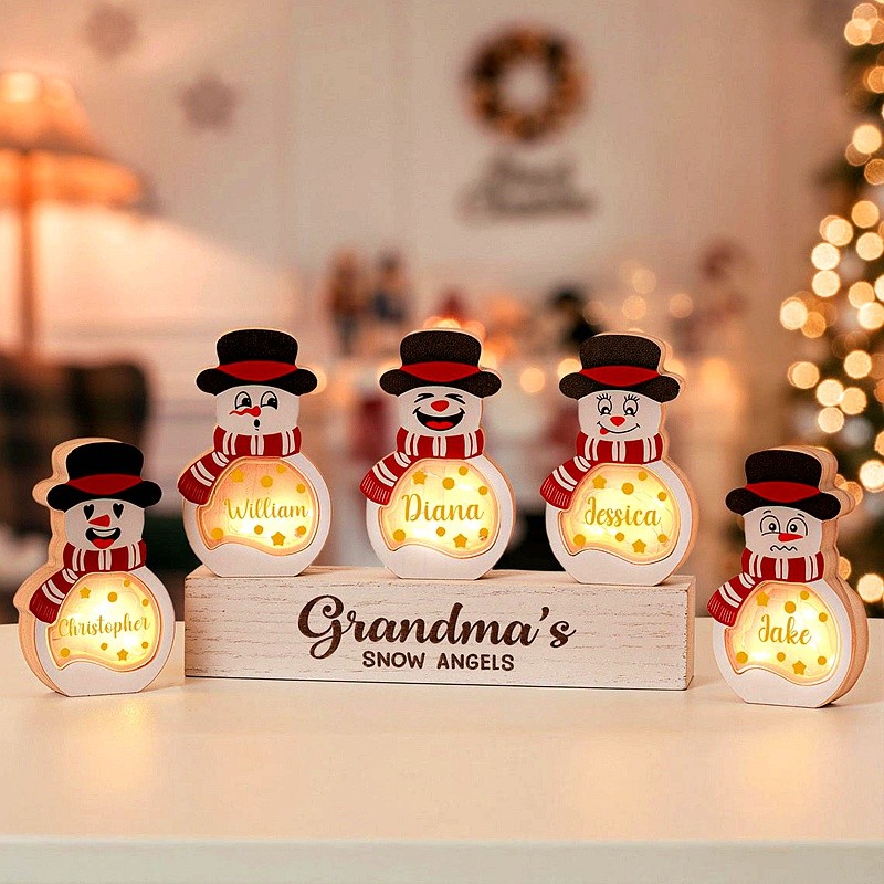 Personalized Lighted Wooden Snowman with Tabletop Name Block Sign Christmas Gift for Family