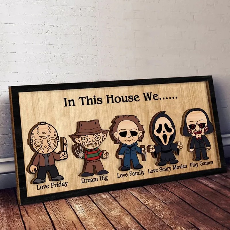In This House We Horror Character Halloween Frame Wood Sign