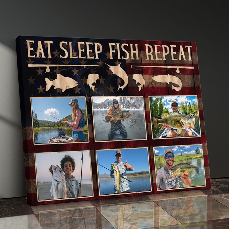 Personalized Gifts For Boyfriend Husband Dad Hunting Gift for Men Fishing Photo Collage Wall Art Husband Birthday Gift Ideas For Fish Lovers Dad Photo Gift Rustic Fishing Decor