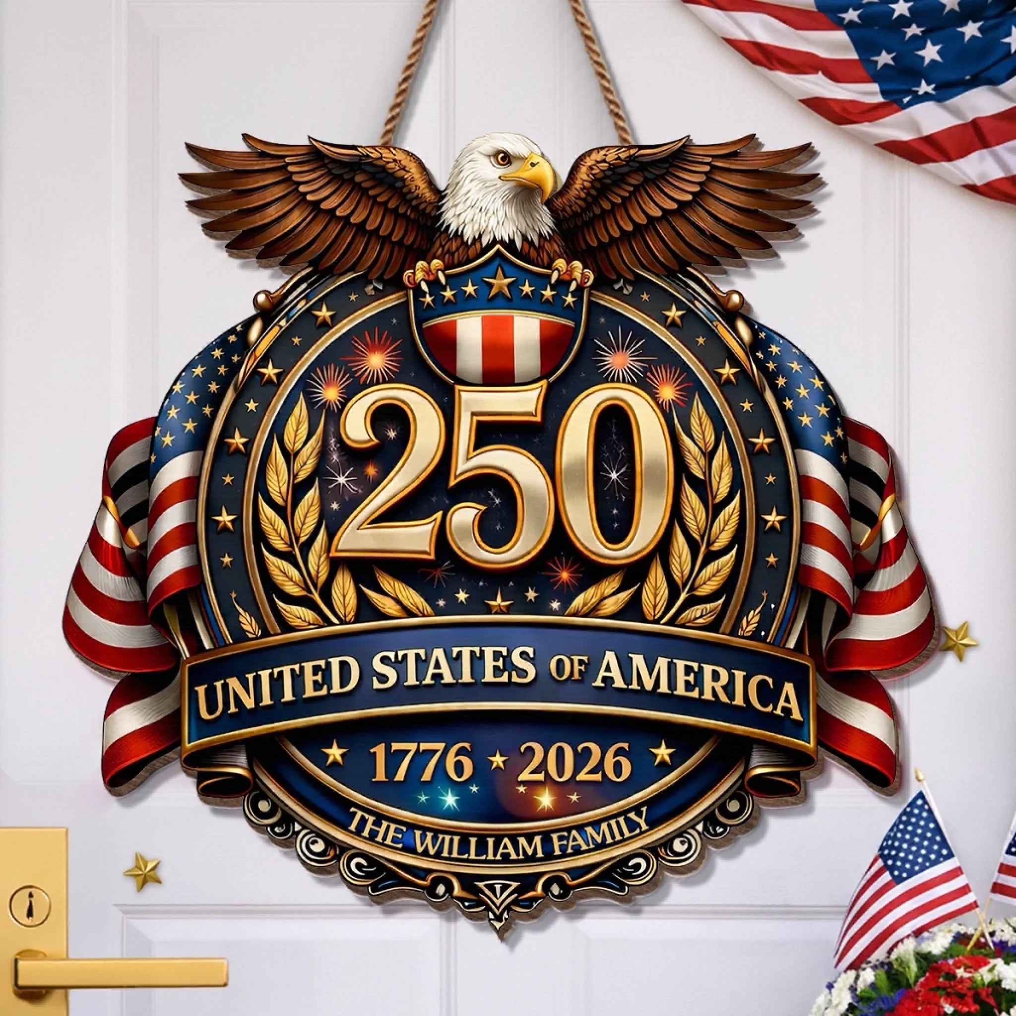 Personalized America 250 Wooden Sign with Family Name – Perfect Patriotic Gift & Home Decor