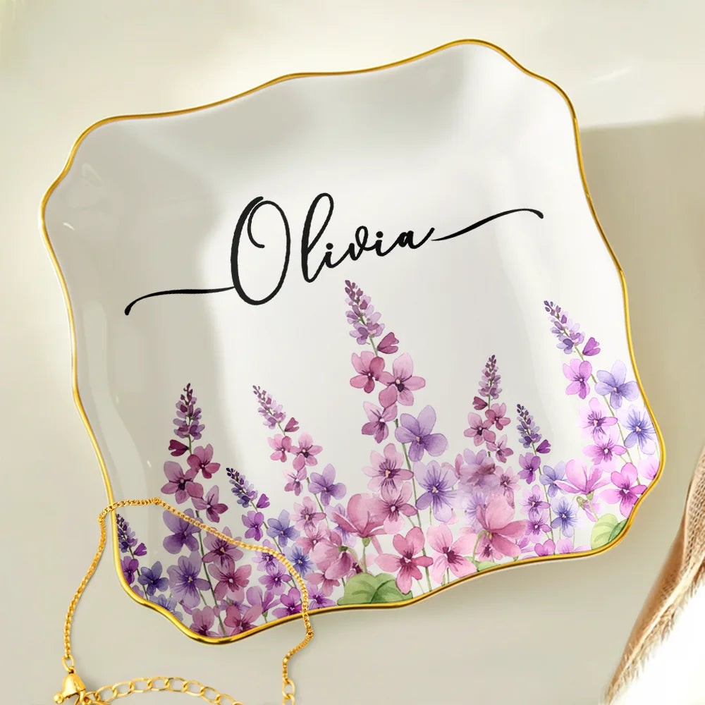 Personalized Birth Flower Jewelry Dish – Custom Watercolor Ring Tray for Birthdays & Bridesmaids