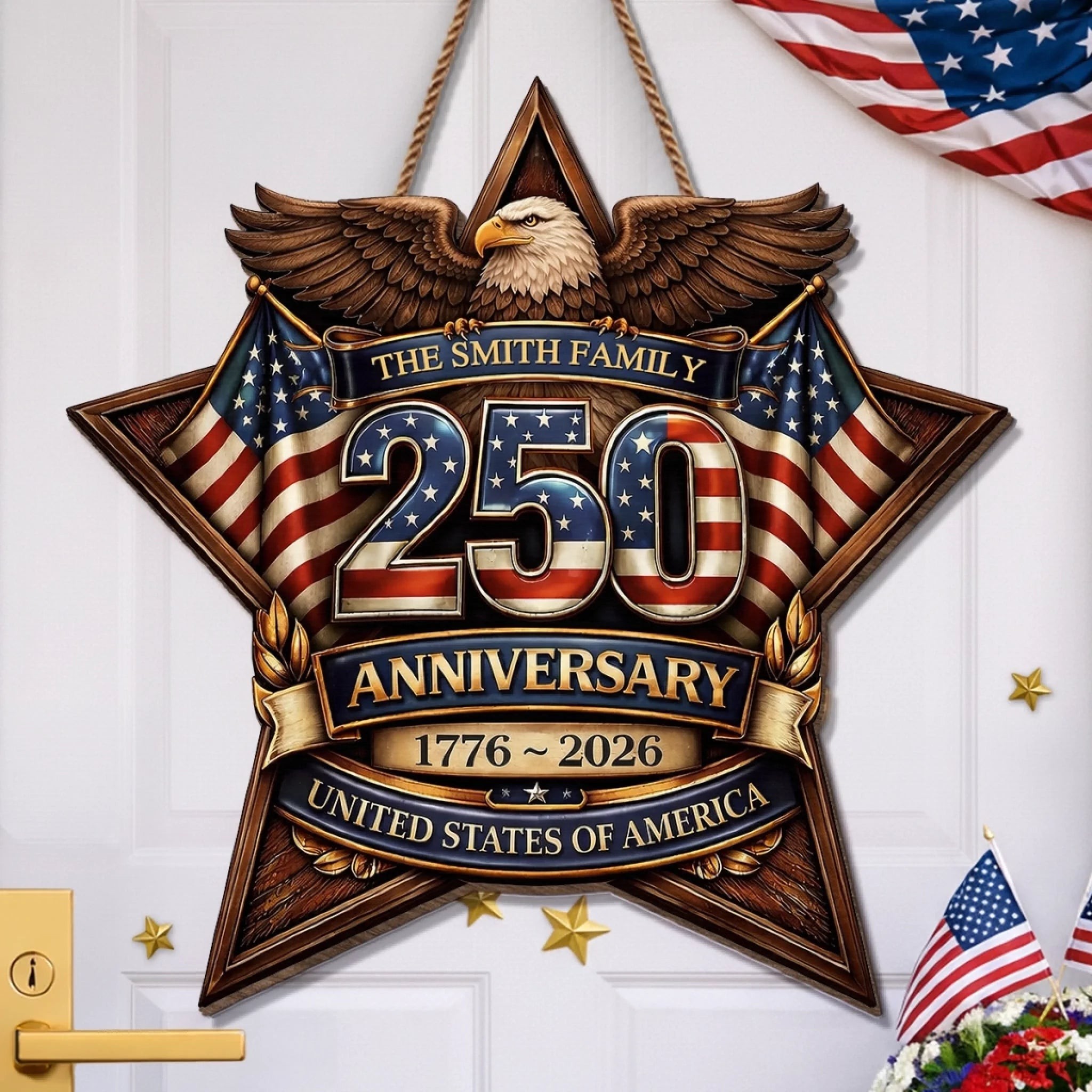 Personalized America 250 Wooden Sign with Family Name – Perfect Patriotic Gift & Home Decor