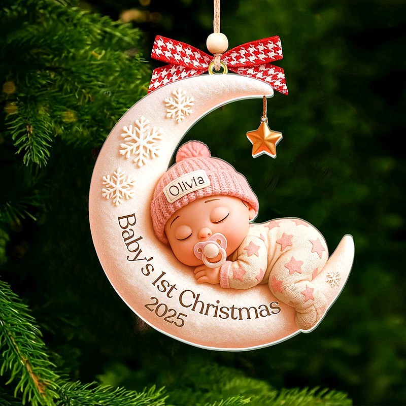 Personalized Baby's First Christmas 3D Effect Moon Acrylic Ornament Baby Gift Idea