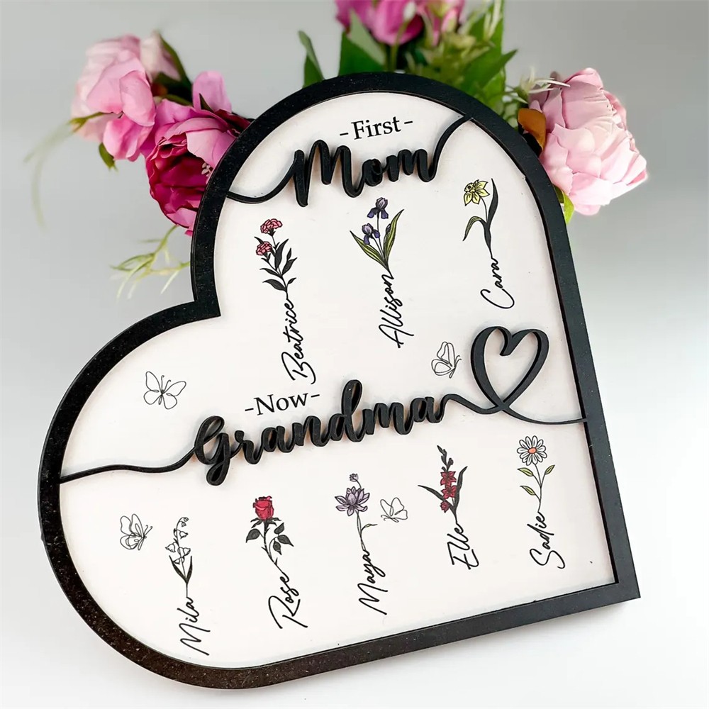First Mom Now Grandma Personalized Birth Month Flower Garden Wooden Sign Mother's Day Gift