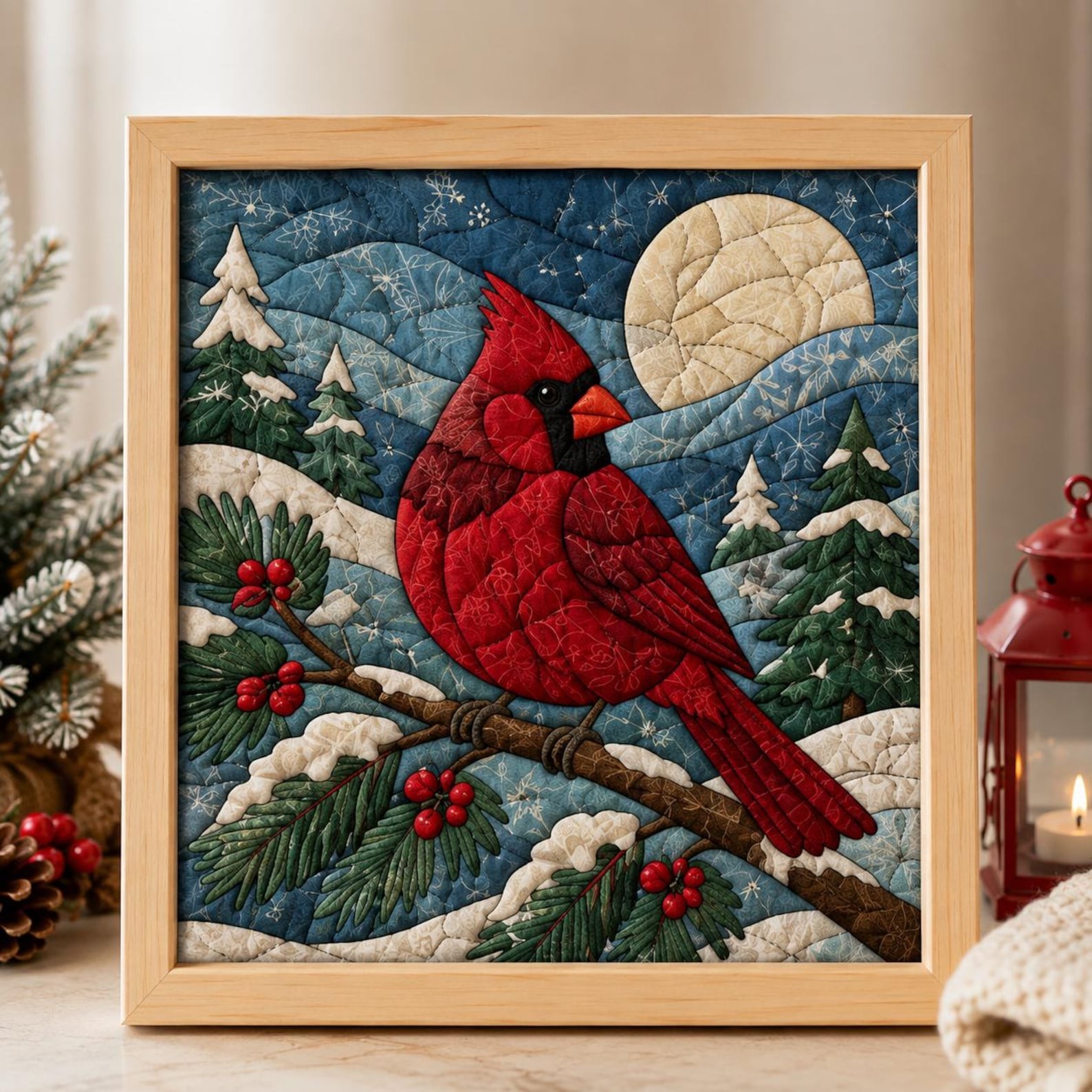 Winter Cardinal Kinusaiga Art Kit No-Sew DIY Fabric Wall Art Kit for Adults Beginners