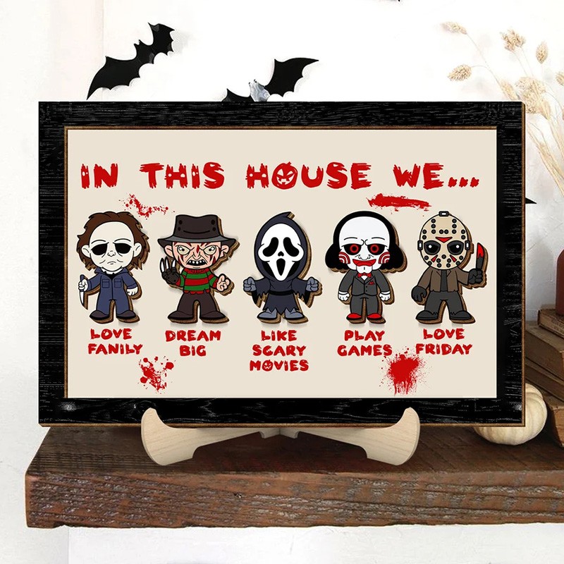 In This House We Horror Character Halloween Frame Wood Sign