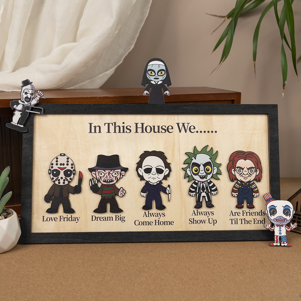 In This House We Horror Character Halloween Frame Wood Sign