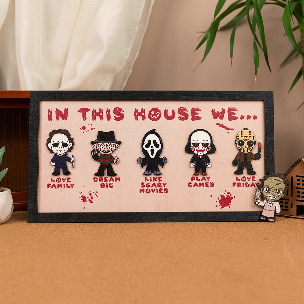 In This House We Horror Character Halloween Frame Wood Sign