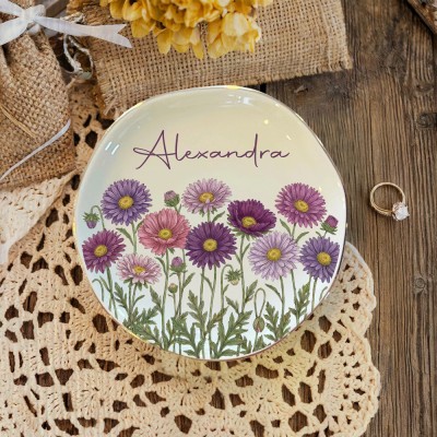 Personalized Birth Flower Jewelry Dish – Custom Watercolor Ring Tray for Birthdays & Bridesmaids