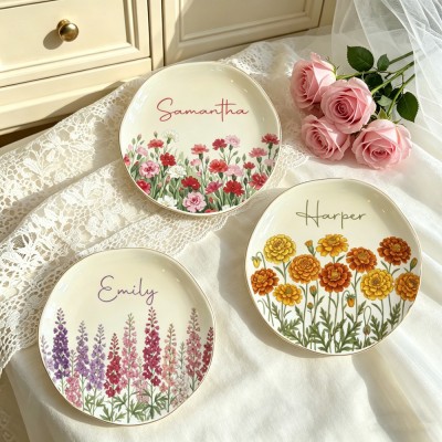 Personalized Birth Flower Jewelry Dish – Custom Watercolor Ring Tray for Birthdays & Bridesmaids