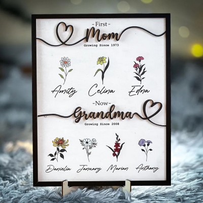 First Mom Now Grandma Personalized Birth Month Flower Garden Wooden Sign Mother's Day Gift