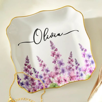 Personalized Birth Flower Jewelry Dish – Custom Watercolor Ring Tray for Birthdays & Bridesmaids