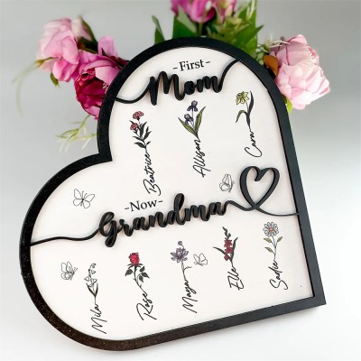 First Mom Now Grandma Personalized Birth Month Flower Garden Wooden Sign Mother's Day Gift