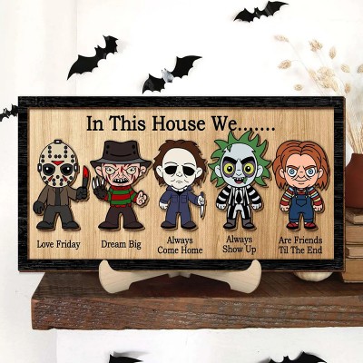 In This House We Horror Character Halloween Frame Wood Sign