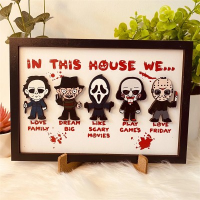 In This House We Horror Character Halloween Frame Wood Sign
