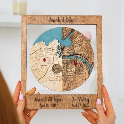 Custom Two Locations Puzzle City Map Wooden Framed Wall Art