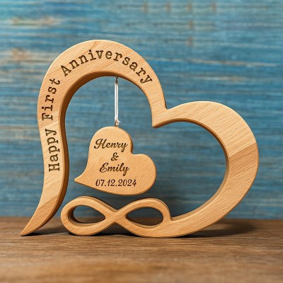 Personalized Name & Date Engraved Hanging Heart Wooden Sign for Valentine's Day Gift Idea