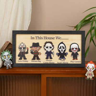 In This House We Horror Character Halloween Frame Wood Sign