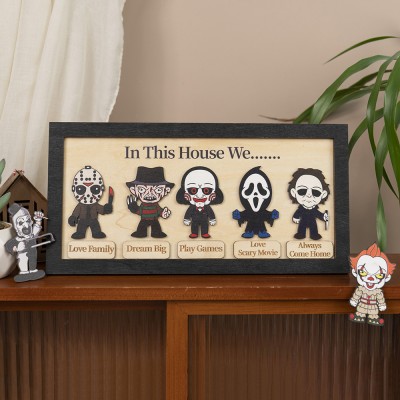 In This House We Horror Character Halloween Frame Wood Sign