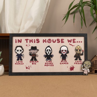 In This House We Horror Character Halloween Frame Wood Sign